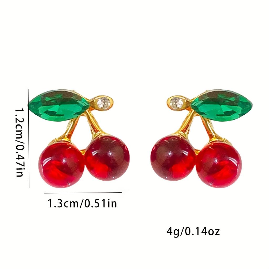 1 Pair Vintage Style Cherry Stud Earrings, Zinc Alloy with Red Simulation Gemstone, Elegant Fruit Design, for Daily Wear