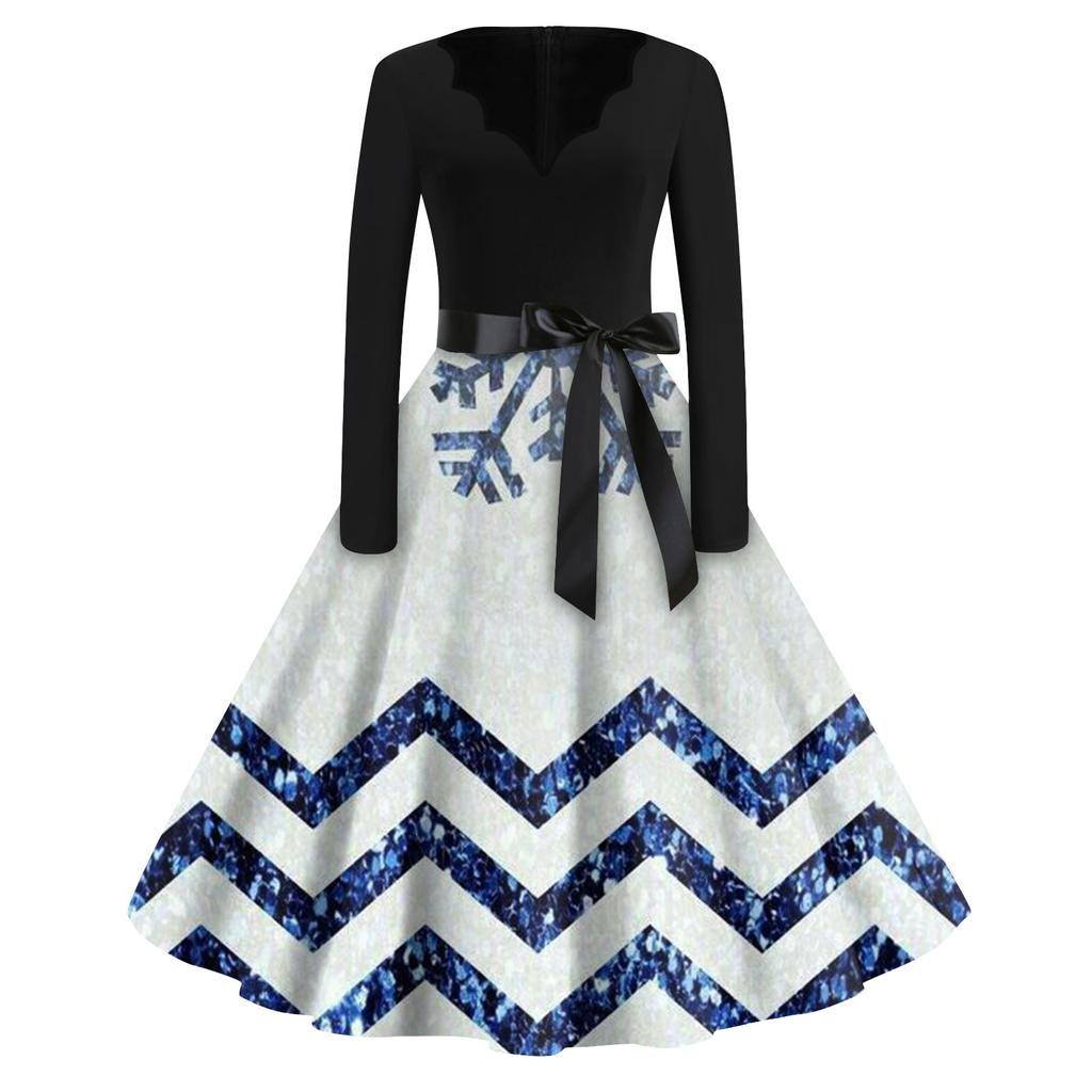 Dámské módní neformální štíhlé vánoční potištěné šaty s dlouhým rukávem s výstřihem do V