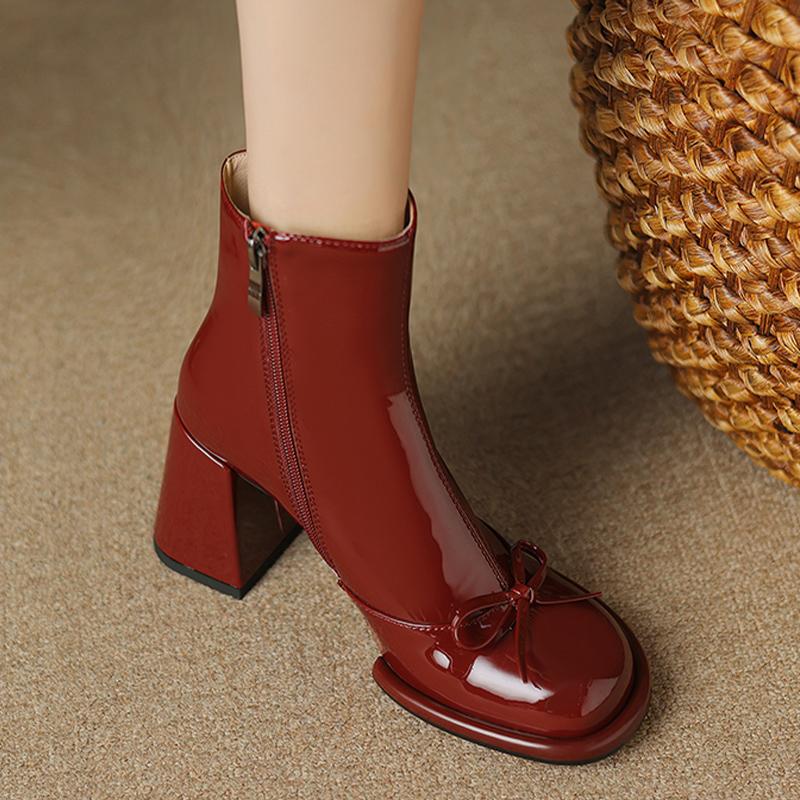 Bow Chunky Women Ankle Boots High Heels Leather Designer Shoes 2025 Trend Winter New Brand Goth Pumps Fashion Botas De Mujer