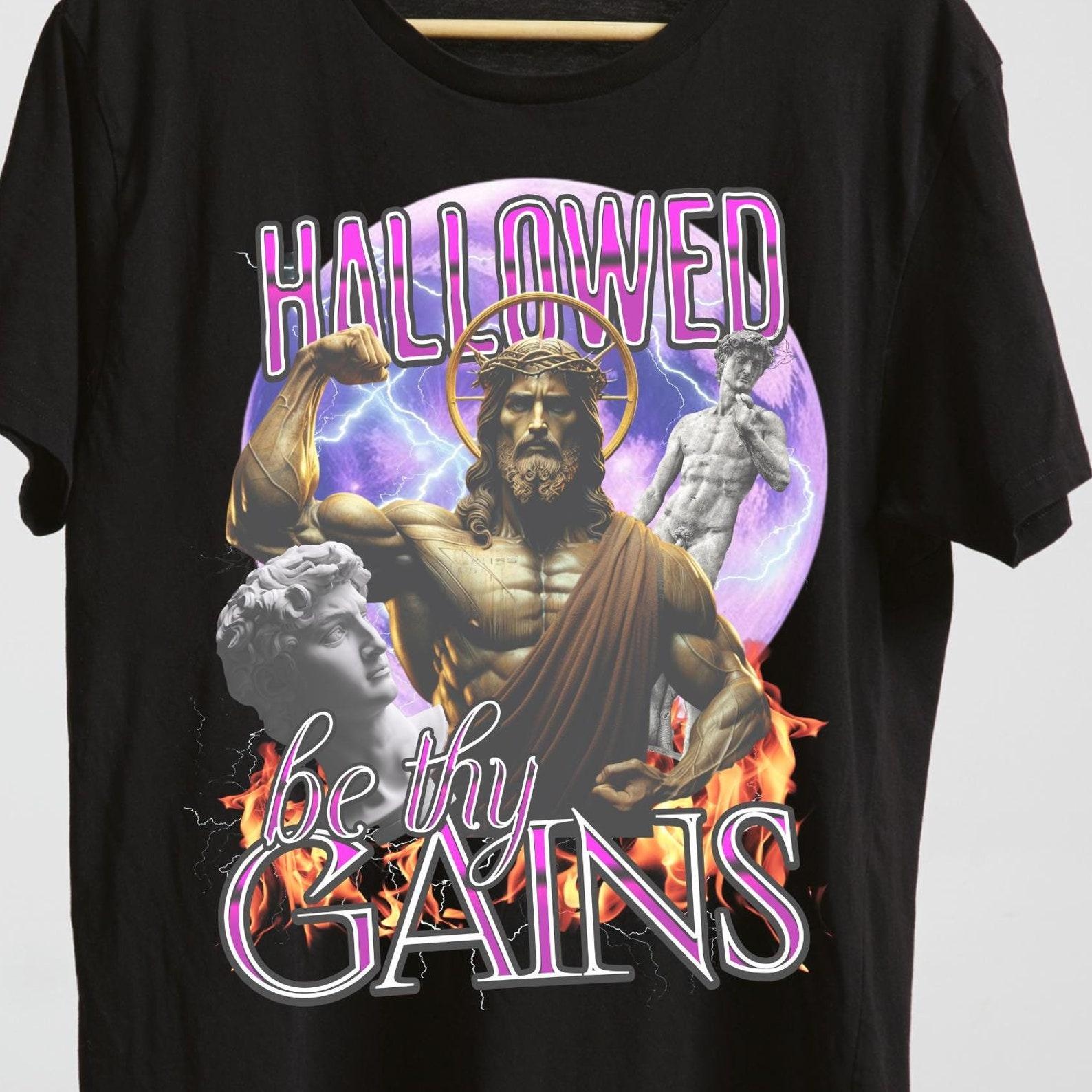 Funny Jesus Gym T-Shirt, Hallowed Be Thy Gains, Meme Workout Tee S