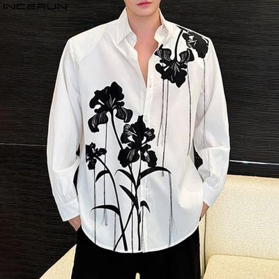 Men Long Sleeve Lapel Neck Print Casual Oversized Shirts Tops
