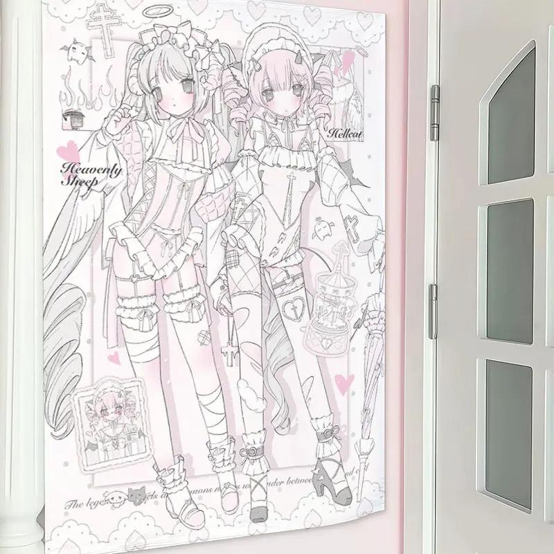Kawaii Piano  Melody Maid Anime Tapestry Cute Lolita Girls Print Wall Hanging for Teen Girl Bedroom Dorm Door Decor