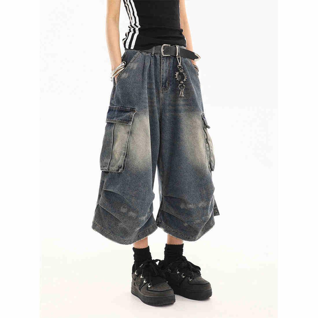 

Американские ретро женские джинсовые капри с несколькими карманами - Свободные, широкие, средней длины, летняя рабочая одежда 3XL синий