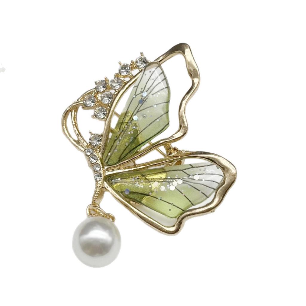 Light Luxury Rhinestone Butterfly Pearl Brooch – Hollow Design with Insect Button