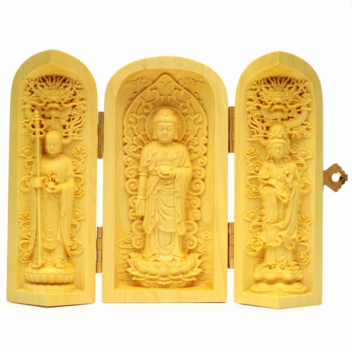 

Amitabha Buddha, Jizo Bodhisattva, and Kannon Bodhisattva statues made of natural boxwood. Approximately 10cm tall. Amitabha Triad. Wood carving.