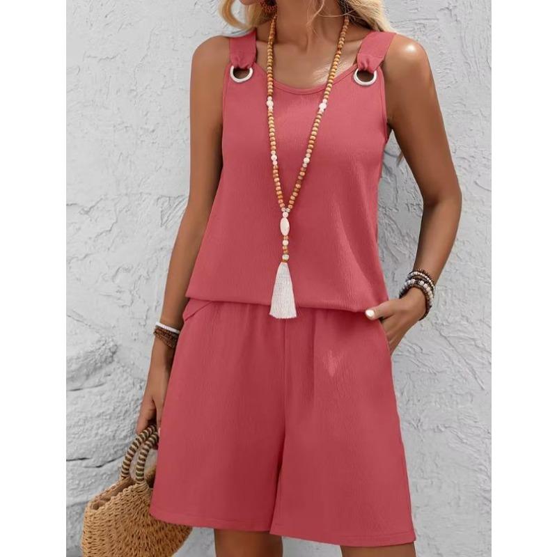 Western Spring Summer Fall New Solid Color Craft Fabric Double Pocket Sleeveless Top and Shorts, Vacation Style Elegant Casual Set