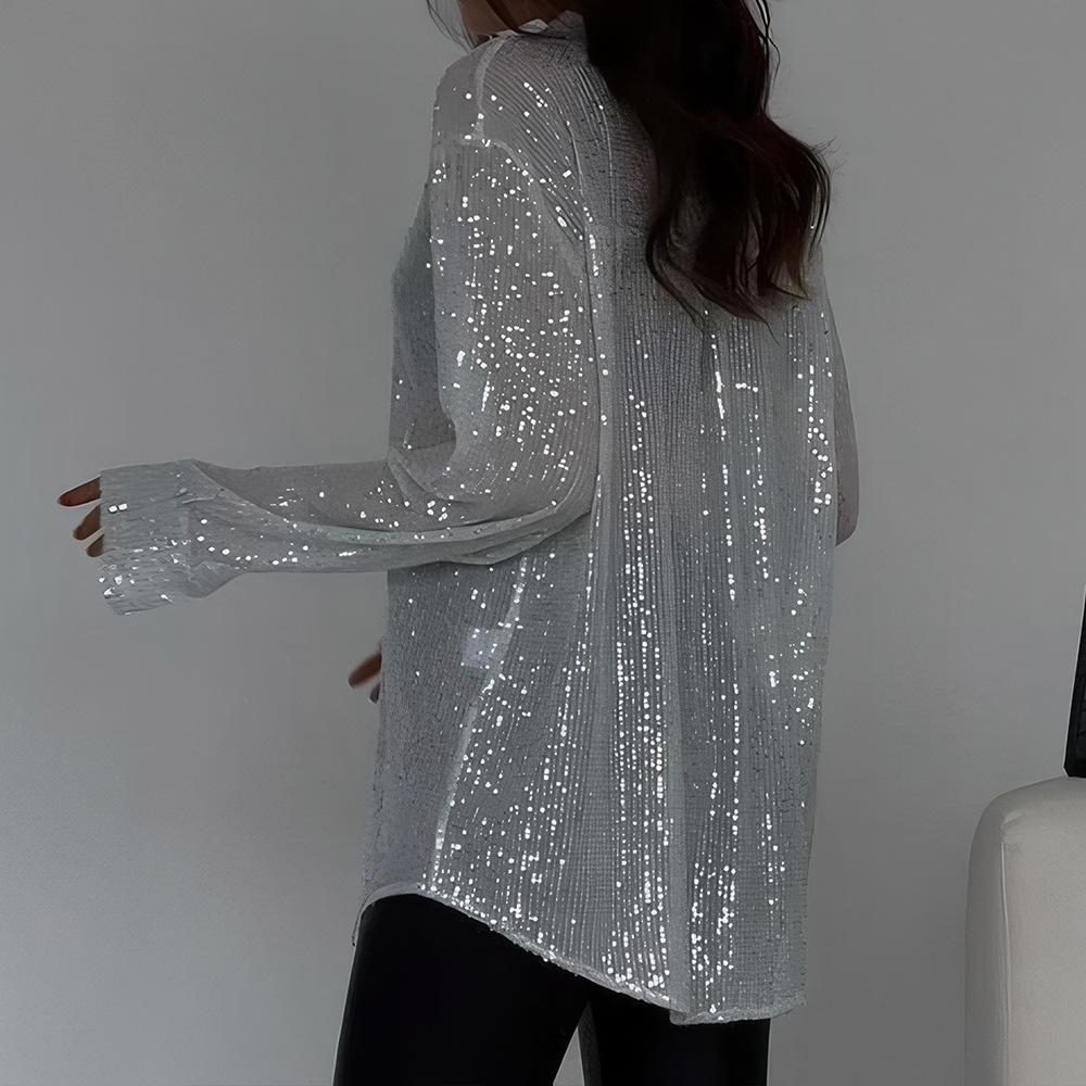 2026 Sexy Sequin Sparkle Lapel Single-Breasted Long Sleeve Women's Shirt