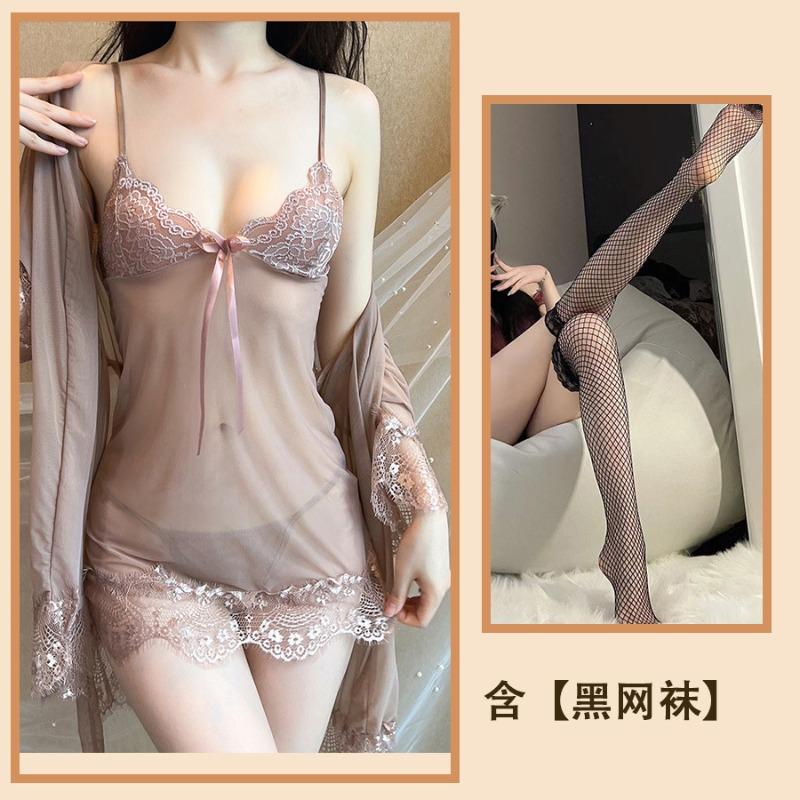 Sexy Women's Pajamas, Be Careful, Large Size Lace Mesh Yarn, Pure Desire Wind, Hot Transparent Robe, Four-piece Home Furnishing