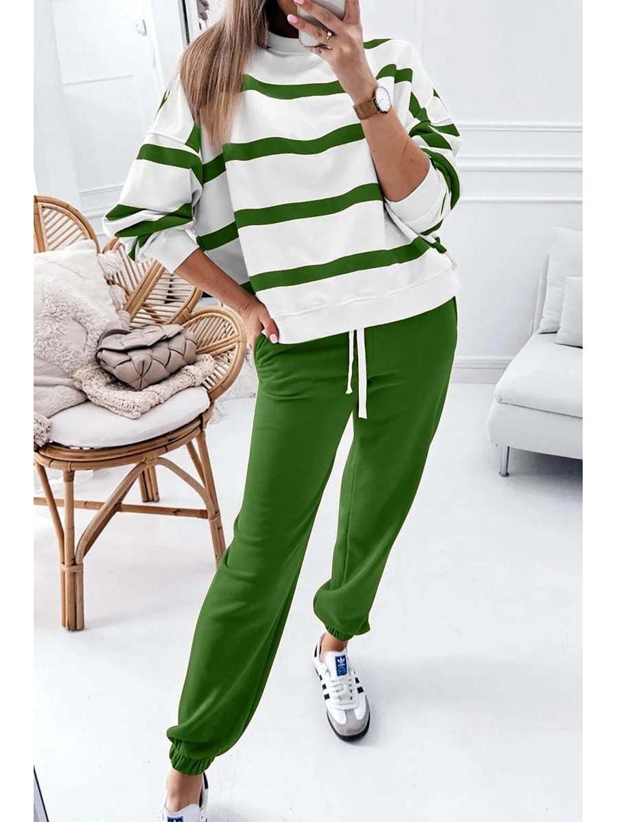 2025 Winter Women s Casual Striped Sportswear Set: European/American Fashion Long Sleeve Hoodie & Joggers. M
