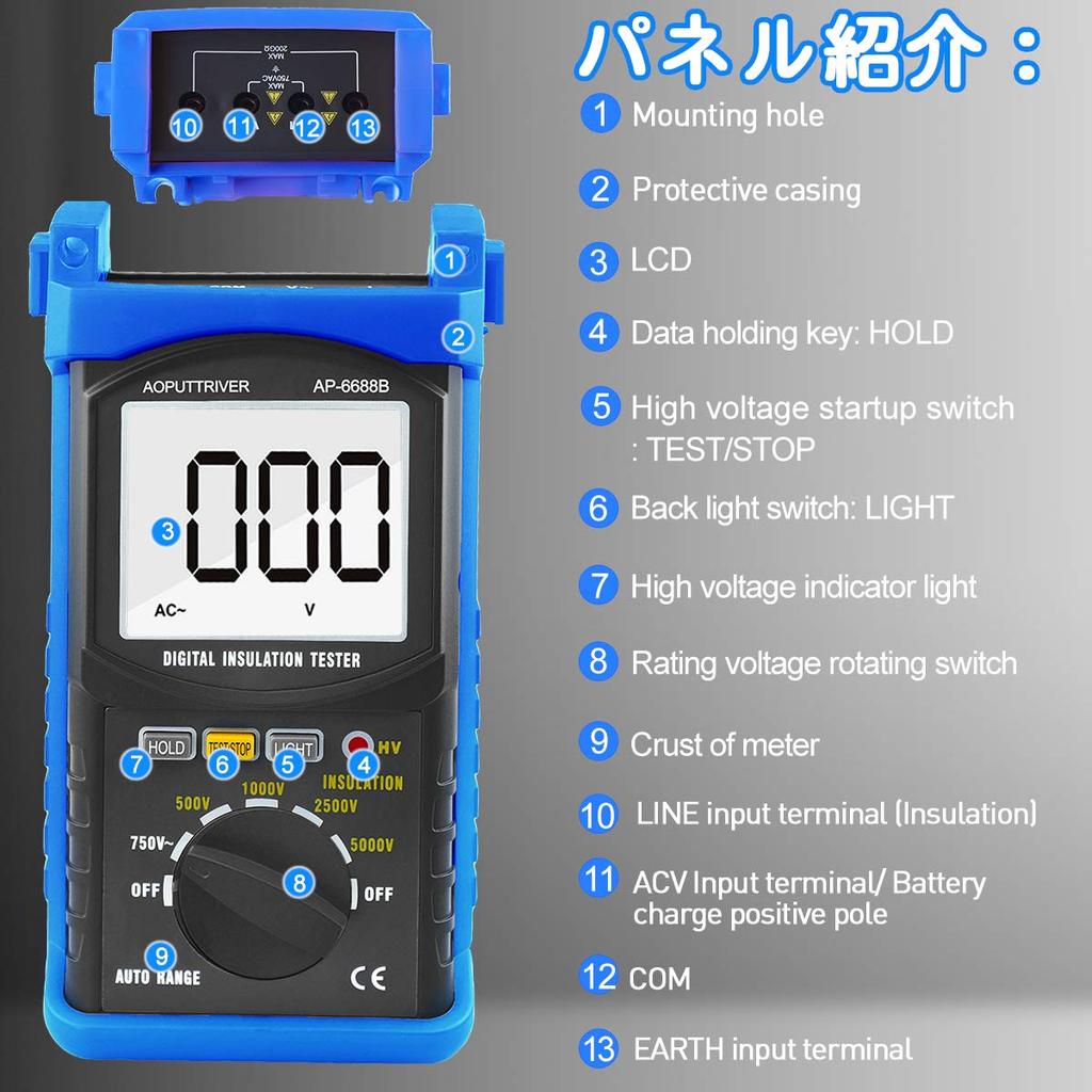 Digital Insulation Resistance Ground Resistance 1999 5000V Voltage 200G Ohm Insulation Resistance for Electrical Includes Japanese Instruction Manual
