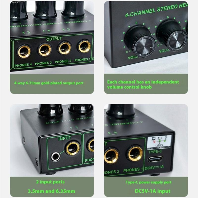4 Channel Headphone Amplifier Portable Mini Earphone Splitter with Independent Control Low Noise Output for Studio Stage