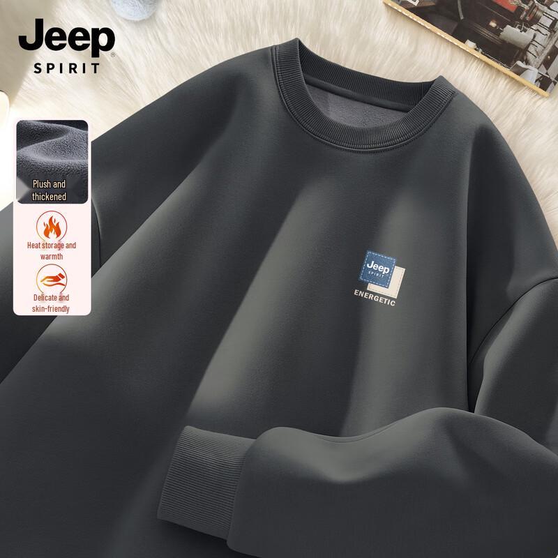 JEEP SPIRIT Men's 2025 Autumn/Winter Fleece-Lined Loose Fit Round Neck Sweatshirt