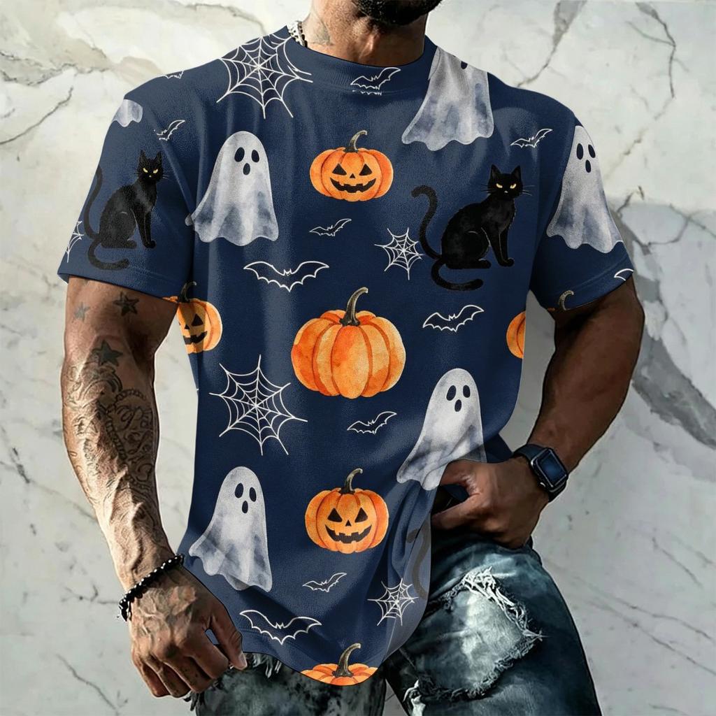 Men's Halloween Print Vintage Texture Short Sleeve T Shirt Loose Breathable Summer Sports Street Casual Daily Wear Top