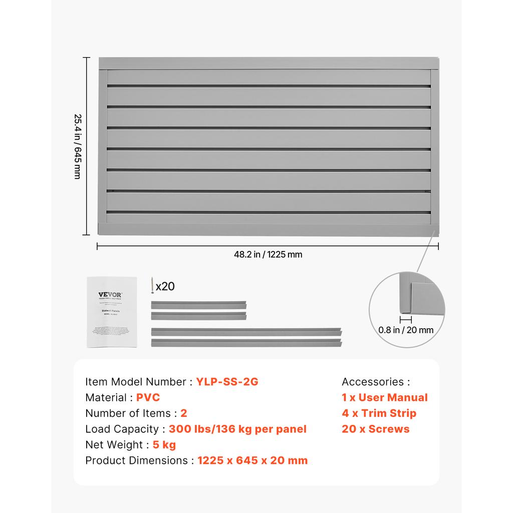 VEVOR 8/16/32sq.ft Slat Wall Paneling 2/4/8 x 4 ft PVC Garage Slatwall with DIY Cutting & Easy-to-Install Adjustable for Storage