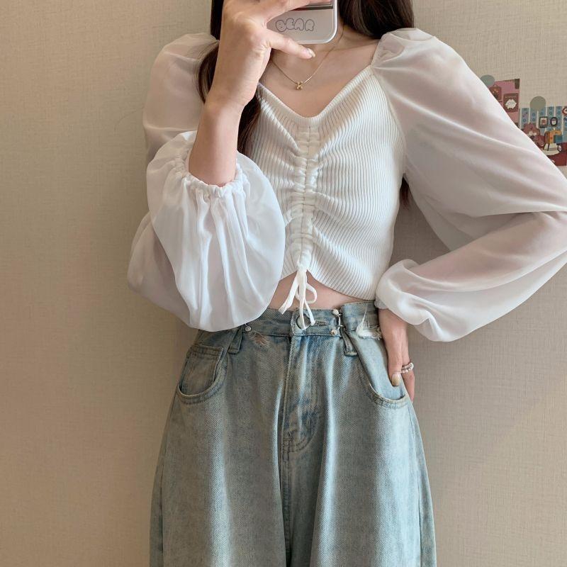 

Нежный стиль, короткий вязаный свитер с длинными рукавами и завязками для женщин на раннюю весну, тонкий дизайн, открытая нижняя часть пупка, топ в стиле вестерн XL белый