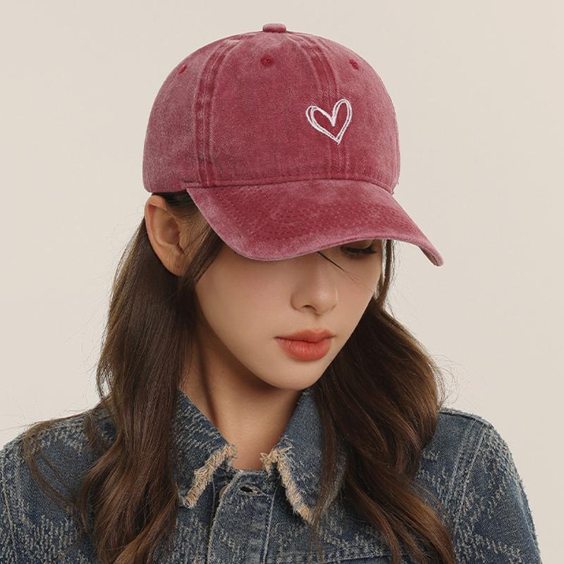 Vintage Solid Color Baseball Hat for Women Love Heart Embroidery Adjustable Sunshade Duck Tongue Cap Girls Peaked Outdoor Hat