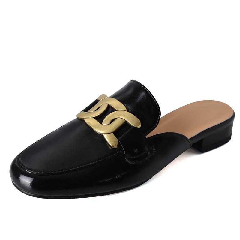 Fashion Women's New Spring/Summer Round Head Metal Buckles with Genuine Leather Comfortable Mid Heel Baotou Muller Slippers 44 45 46