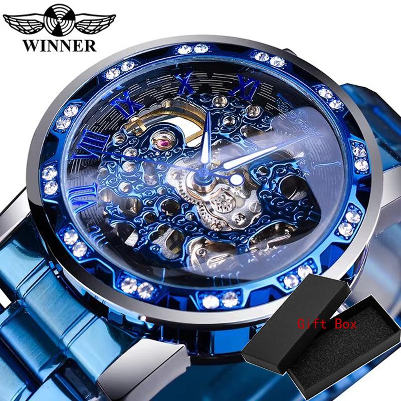Fashion Winner Top Brand Luxury Men Transparent Diamond Luminou Smovement Male Mechanical Skeleton Royal Design Wrist Watch