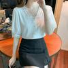 Summer  Office Lady Short Sleeve White Shirt Fashion Hollow Chiffon Women Blouse And Tops Elegant V-Neck Clothes Blusas 20201