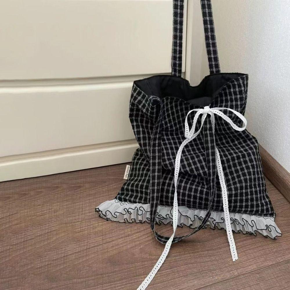 Polka Dot Ruffle Lace Canvas Bag Large Capacity Plaid Shoulder Bag Bow Shoulder Bag  Shopping
