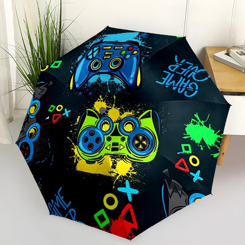 Colorful Game Controllers Folding Umbrella Auto-Open Design 8 Iron Ribs Plastic Handle Foldable Sunshade Perfect Christmas Gifts