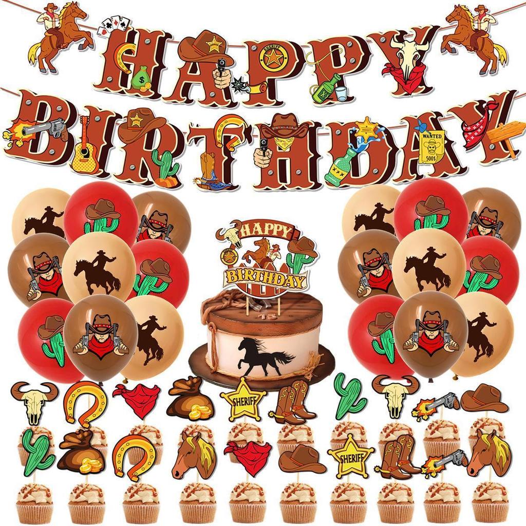 Western Cowboy-Themed Banner, Balloons, and Cake Topper Set – Wild West Birthday Party Decorations