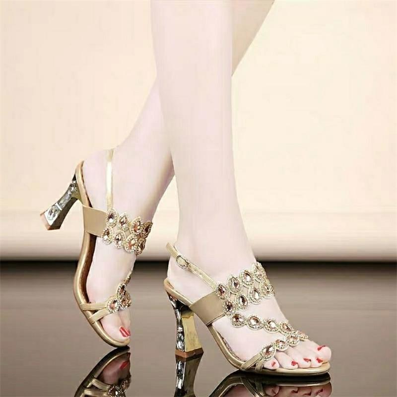 High Heels temperament Sandals Women Summer Woman Party Shoes Fashion brick crystal thick heel Square Heel Sandals