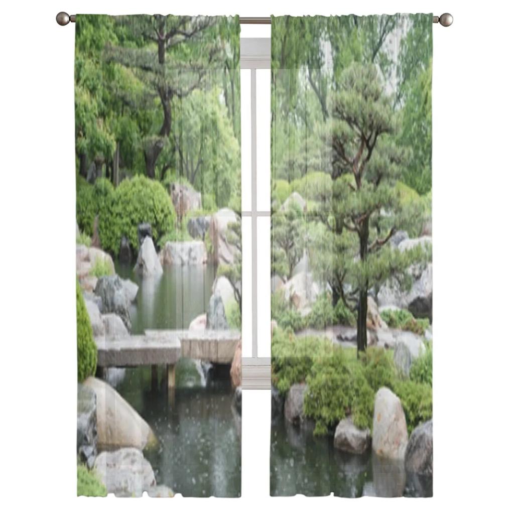Teich in einem japanischen Garten, durchsichtige Vorhänge, Schlafzimmer-Voile-Vorhang, Wohnzimmer, Fenster, durchsichtige Vorhänge, Küche, Tüllvorhänge