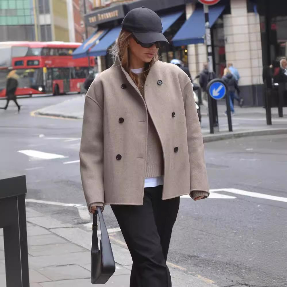 Double-breasted Solid Color Woolen Coat, Informal British Style Versatile Top