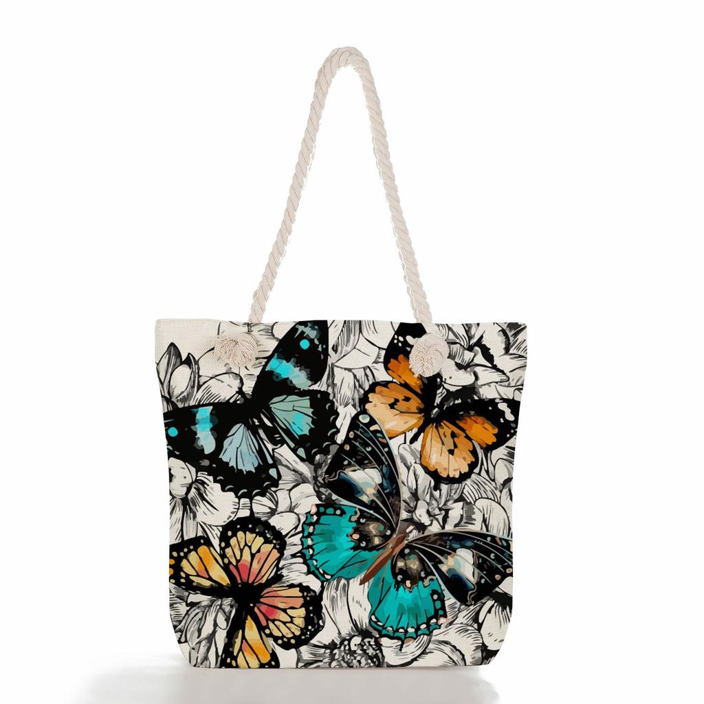 Multifunctional Flowers and butterflies Printed Thick Rope Shoulder Beach Bag Casual large capacity handbag 7615 KTB