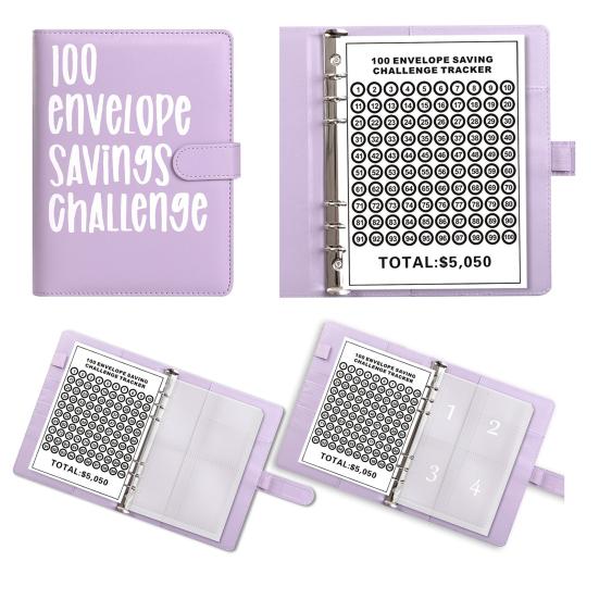 100 Envelope Savings Challenge Kit PU Binder with Numbered Pockets And Progress Trackers A5 Budget Planner for Couples Individuals
