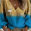 Printed lady's retro western-style V-neck shirt - Christmas/New Year gift, suitable for summer vacations and outdoor gatherings
