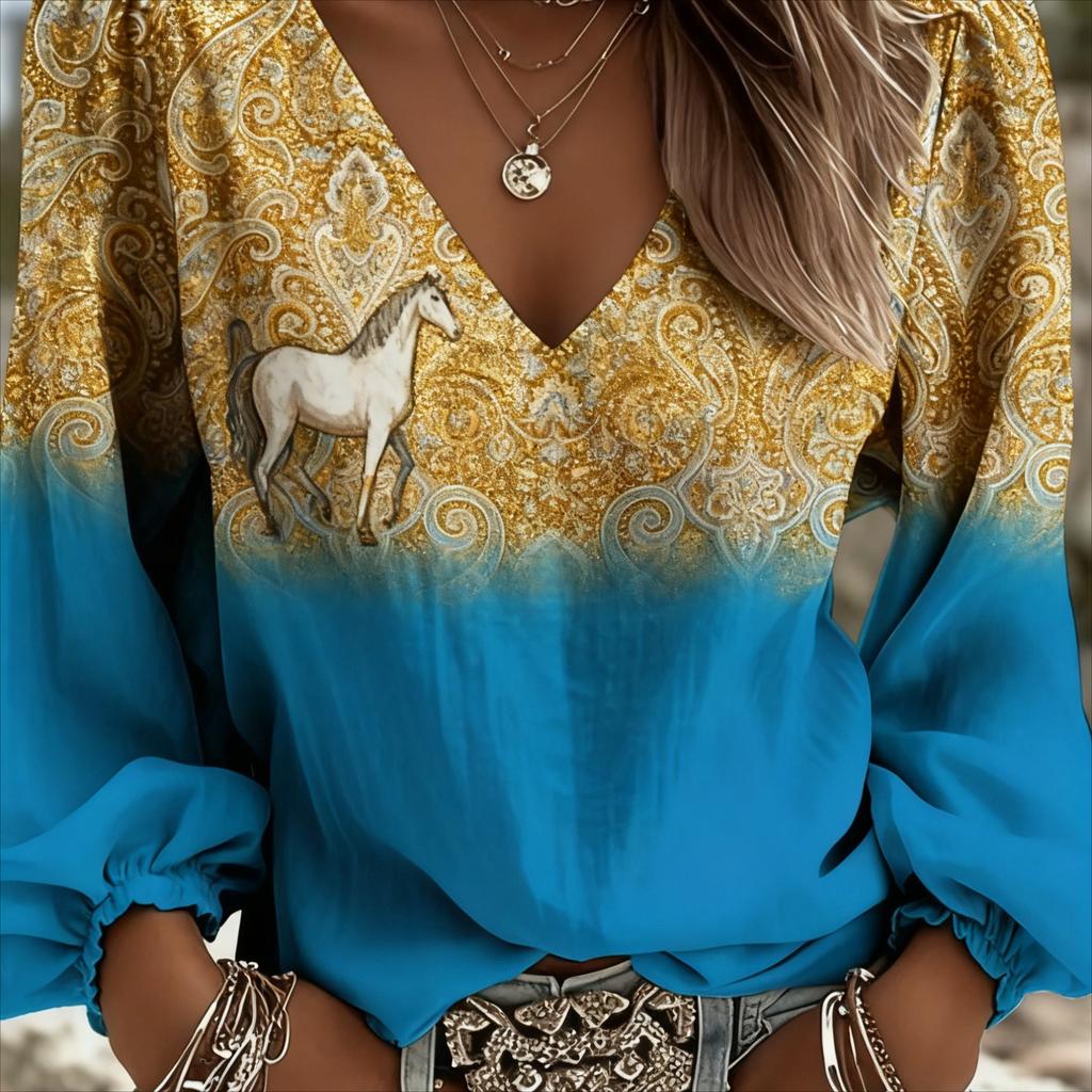 Printed lady's retro western-style V-neck shirt - Christmas/New Year gift, suitable for summer vacations and outdoor gatherings