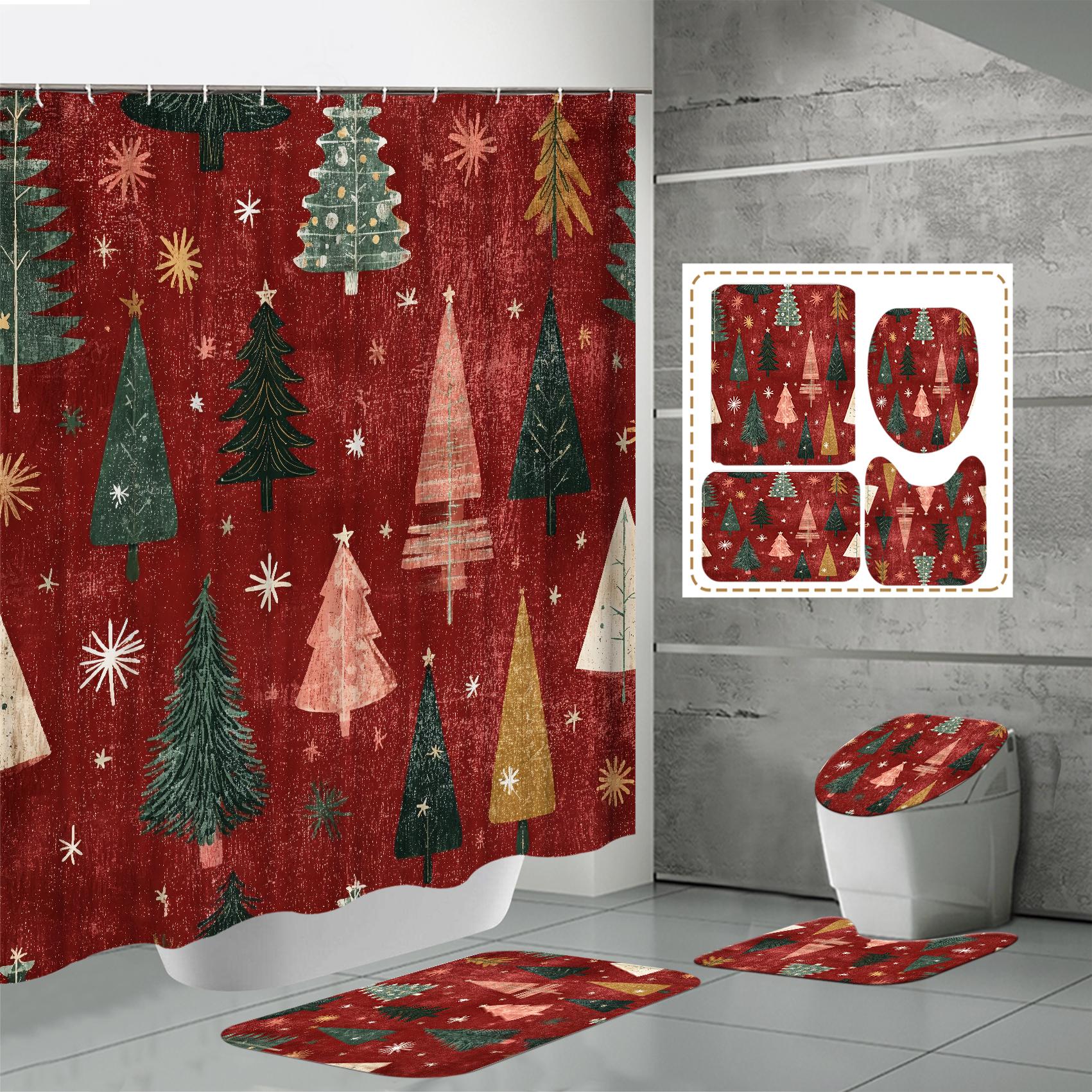 

4 ШТ. Наборы штор для душа со шторкой для душа и ковриками, коврик для крышки унитаза, U-образный коврик и коврик для ванной, набор для ванной комнаты с 12 крючками One Size