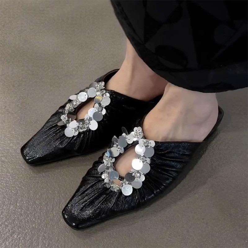 Pleated Cutout Sequin Slippers Baotou Summer Outside French Square Toe Women's Half Slippers