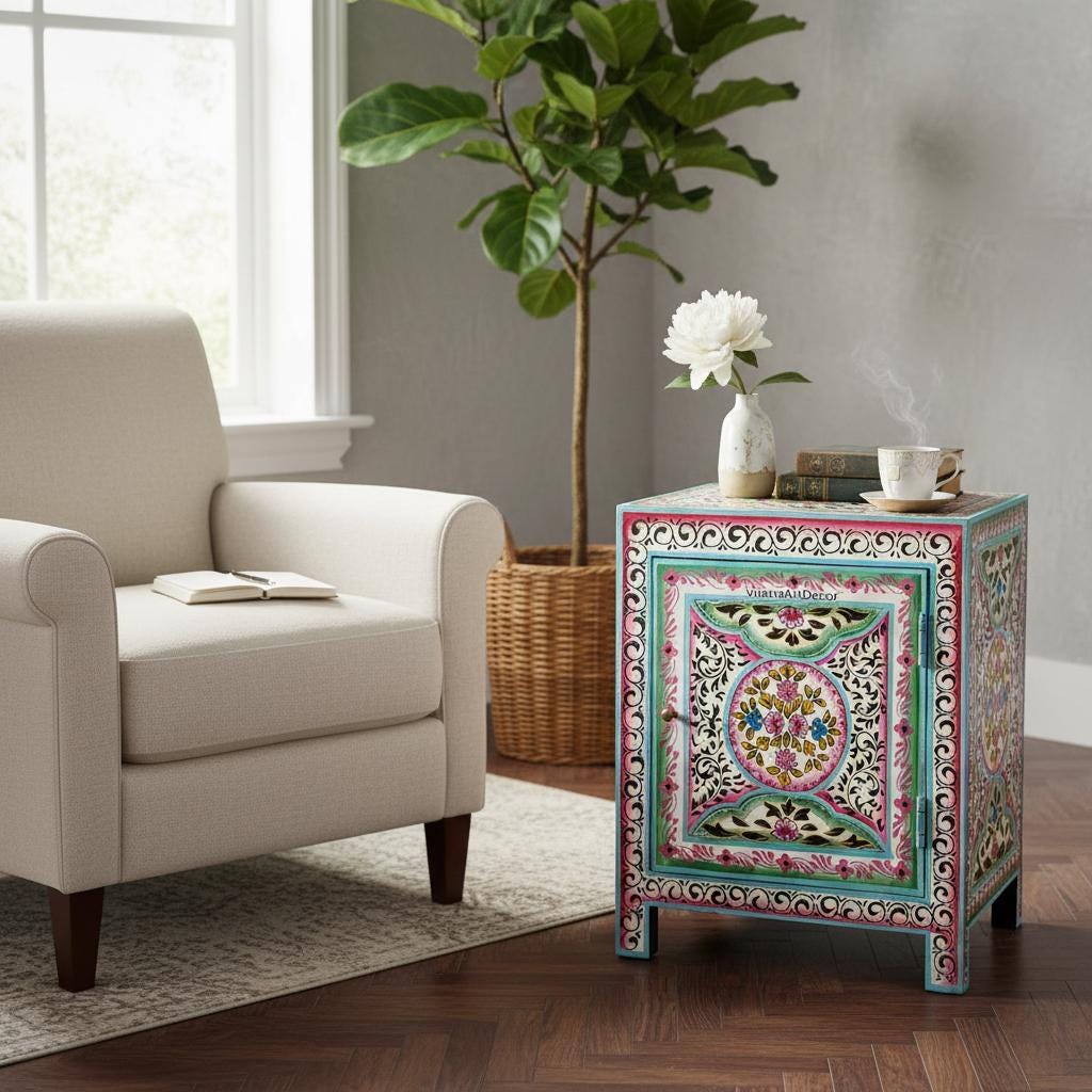 Wooden Painted Bedside cabinet Self Storage, Sideboard Nightstand Indian Furniture Decor-Painted Console Tables, Small Cupboard Self Door