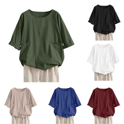 Women's Cotton Linen Solid Colour 1/2 Sleeve Shirt O-Neck With Buttons Loose Shirt