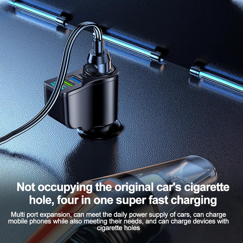 4 in 1 66W Car Charger Super Fast Charging Adapter with Voltage Digital Display 12V/24V Dual USB Ports For iPhone Huawei