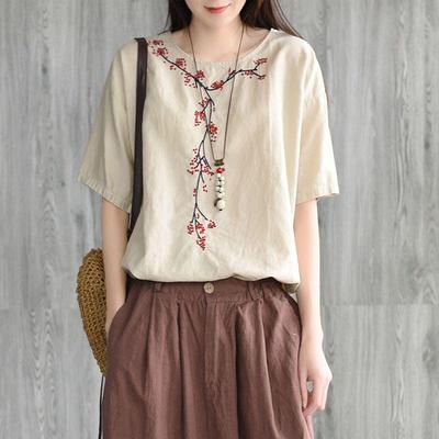 Women's Retro Floral Embroidered Cotton Linen T-Shirt - Short Sleeve, Round Neck, Versatile Summer Top