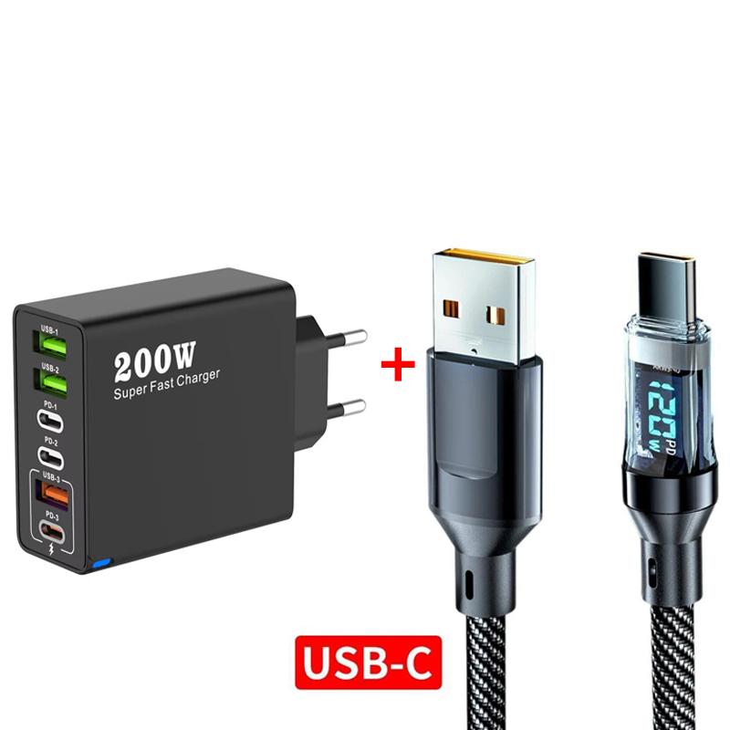 Caricatore per cellulare USB Type C 6 in 1 Totale 200W USB3.0 PD3.0 Adattatore di alimentazione a ricarica super rapida per iPhone Xiaomi Samsung eu plug nero