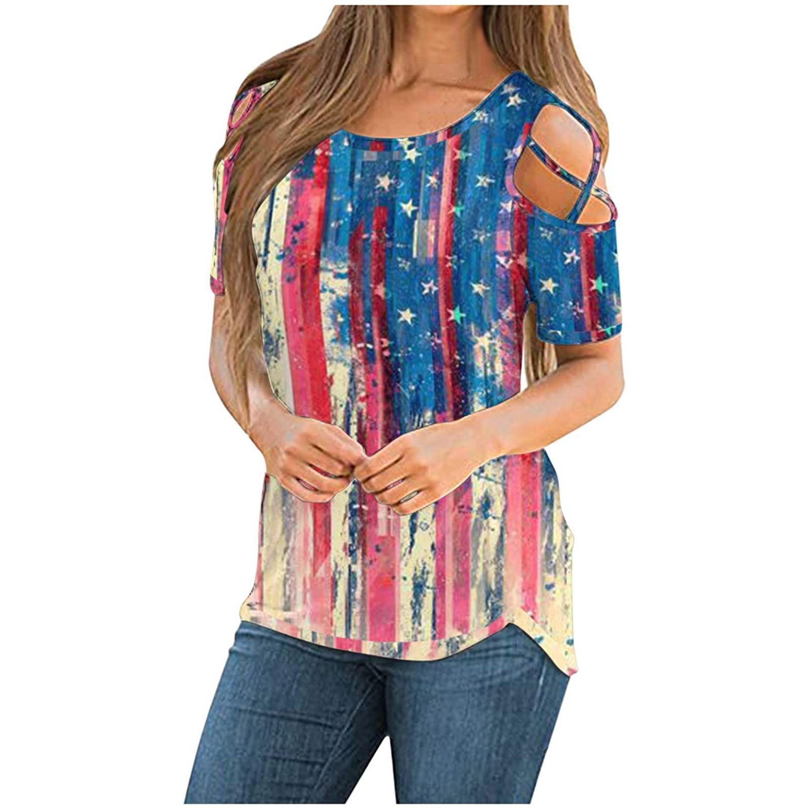 

Womens Casual Off Shoulder Short Sleevein Dependence Day Printed T-Shirt M синий