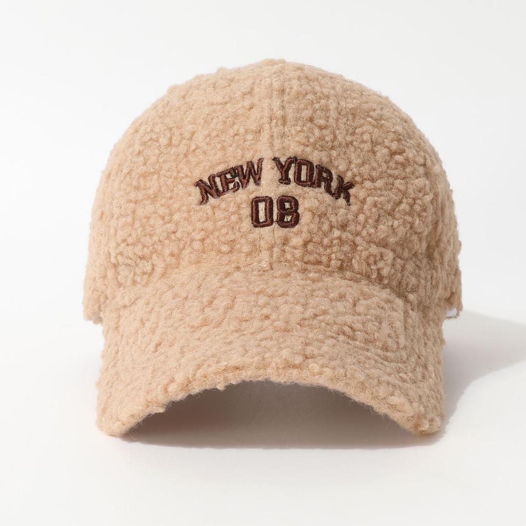 Lamb Wool Baseball Cap Autumn and Winter Warm and Cold Proof and Windproof Letter Embroidery Solid Color Fashion Versatile Plush Peaked Cap