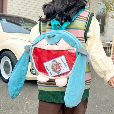 Mochila de boneca mochila de menina fofa bidimensional de orelhas grandes verdes mochila estudante bolsa transparente