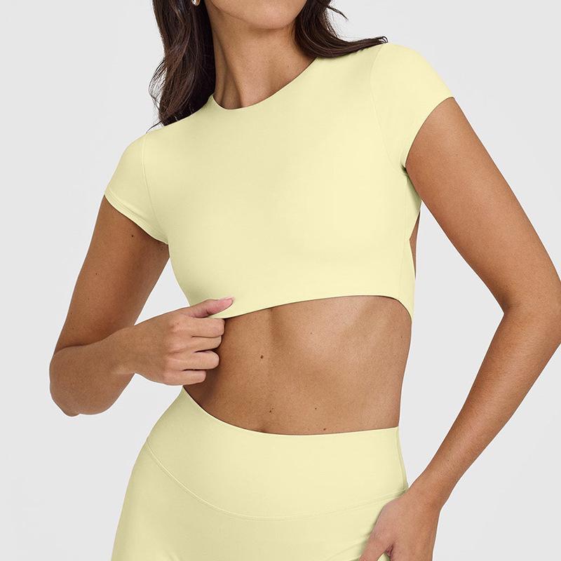 

Женский летний топ для йоги с открытой спиной и короткими рукавами с нагрудной вставкой Small жёлтый/кремовый