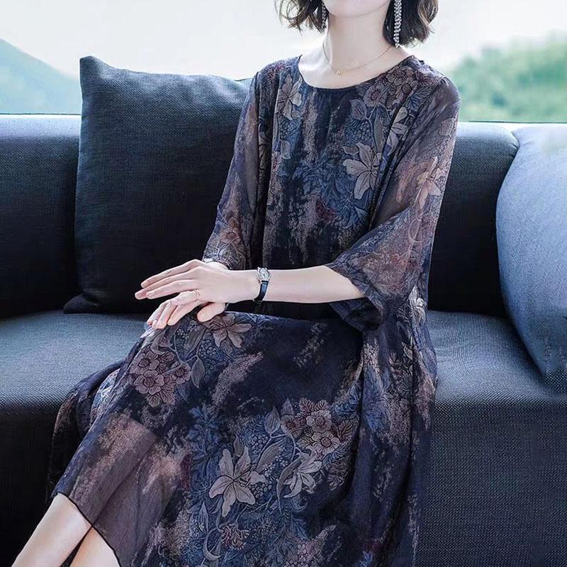 Middle-aged Female Mother Summer  Loose Plus Size Mid-length Chiffon Print Dress Cover The Belly