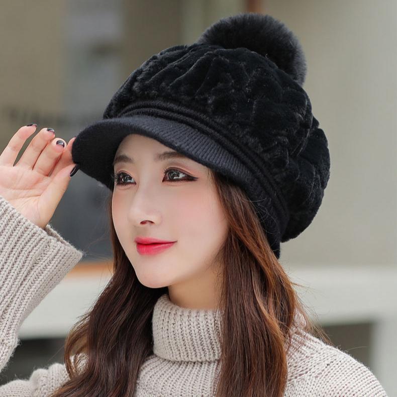 New Hat Women's Autumn and Winter Fashion Plush Warm Cap Cute Hairball Cold Ear Protection Hat Thick