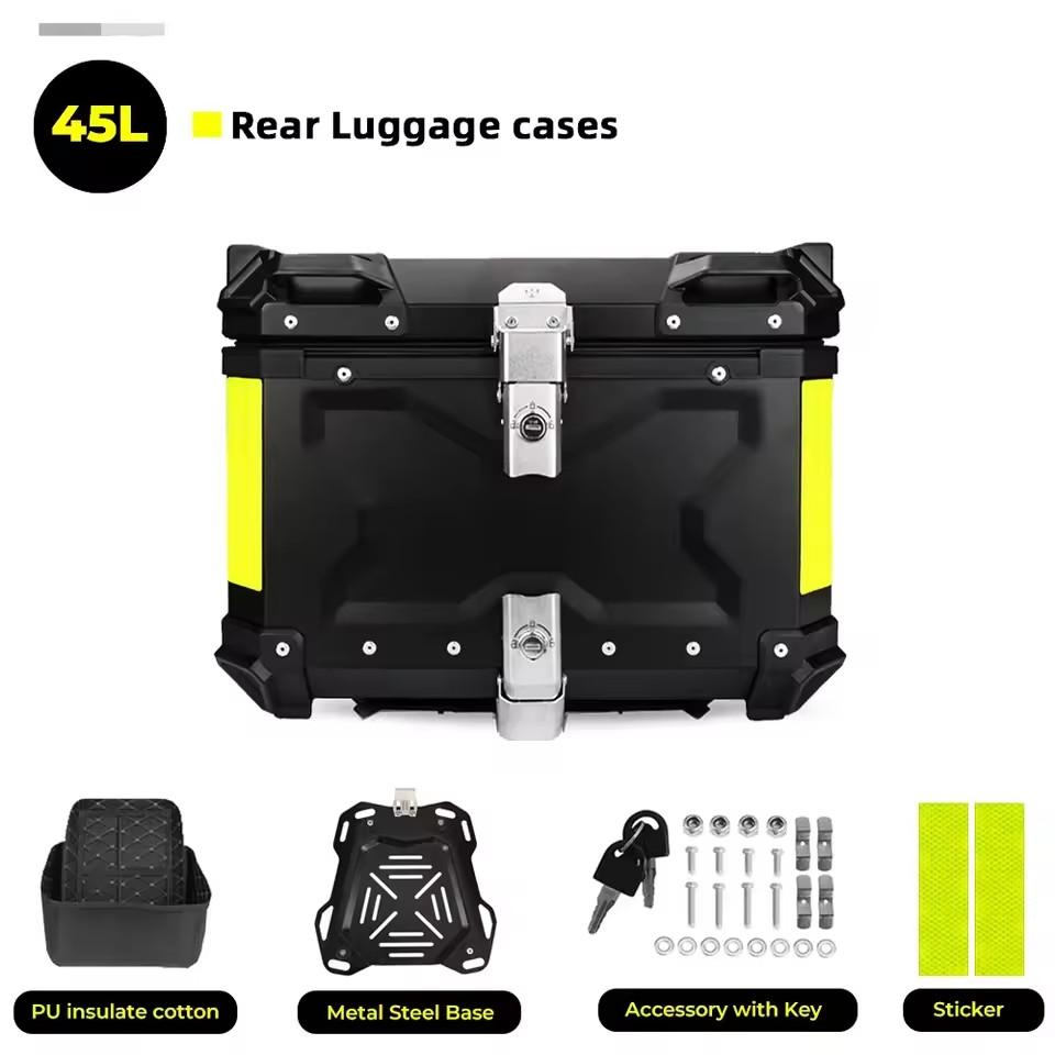 Universal Aluminum Black Motorcycle Tail Storage Box 45L 55L Motorcycle Trunk Rear With Reflective Design Waterproof Toolbox