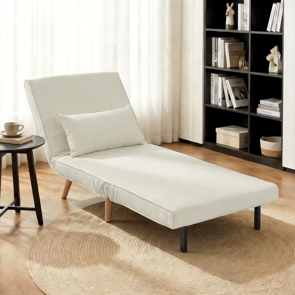 Convertible Chauffeuse Chair 3-in-1 Armchair Bed Single Bed 5-Position Backrest In Fabric with Cushion, Cream