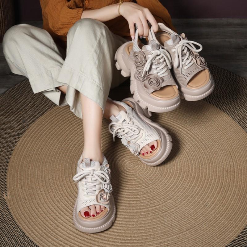Johnature Thick Soled Wedges Shoes Hollow Out Breathable Peep Toe Sandals Genuine Leather Flower Women's Shoes