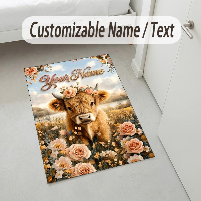 Cow Highland Theme Crystal Velvet Rug Personalized Custom Name Text Soft Floor Mat Home Decor